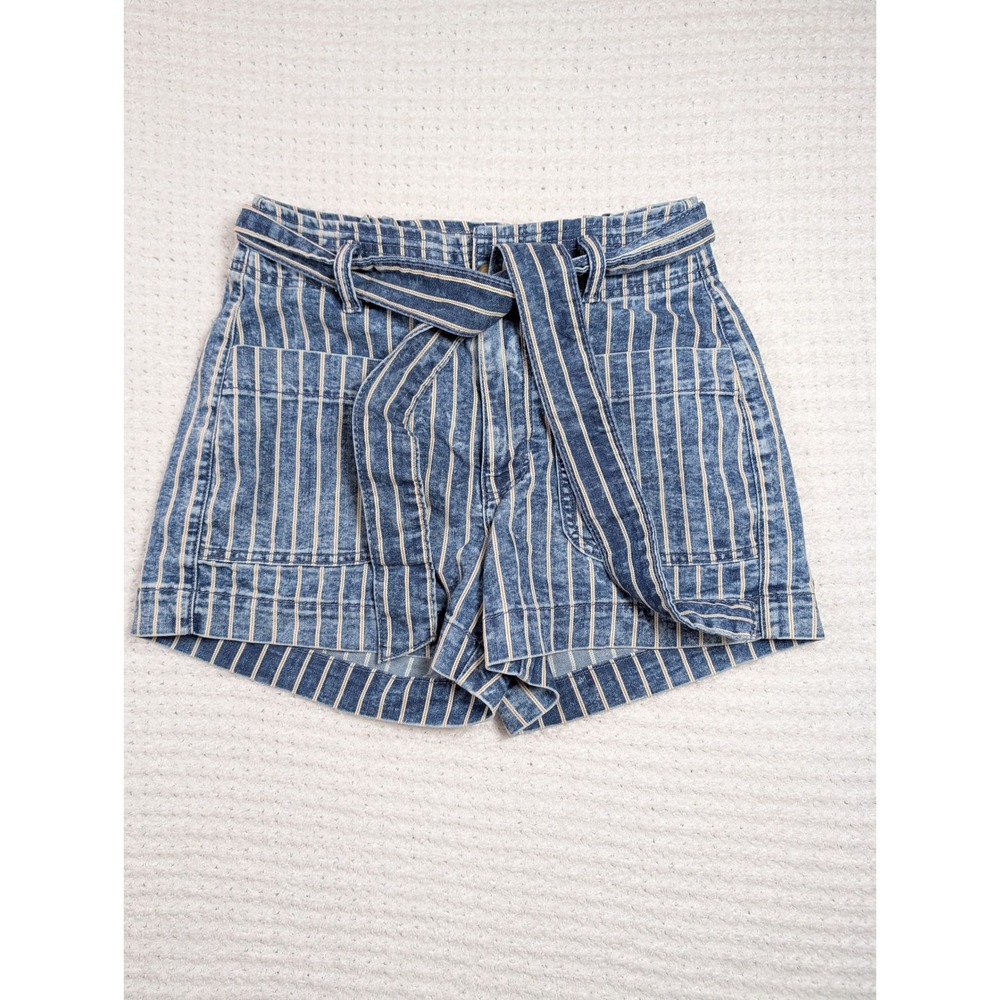 American Eagle High Rise Striped Paperbag Denim‎ Shorts Blue Acid Wash  2 Retro